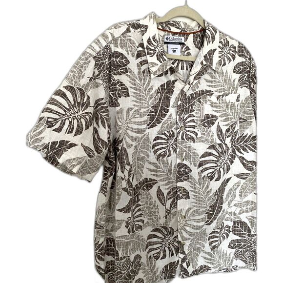Columbia Beige Cotton Blend Hawaiian Leaf Short Sleeve Button Down Shirt XL - Picture 3 of 9